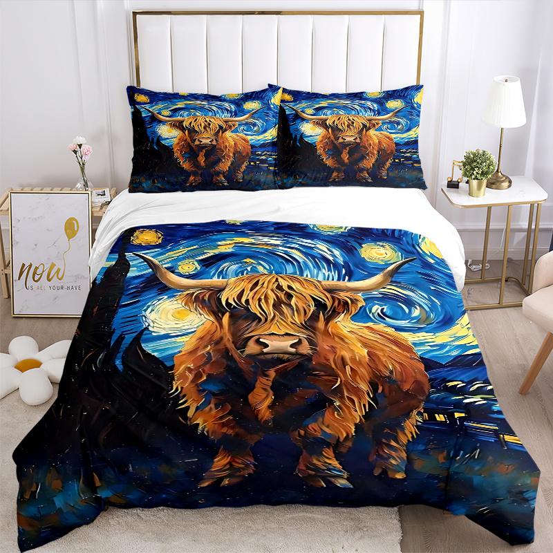 3pcs Starry Night Highland Cow Comforter Set with 1 Quilt Cover and 2 Pillowcases (No Core) - Home Decor, Festival Gift, Polyester Fabric, Anime Carto