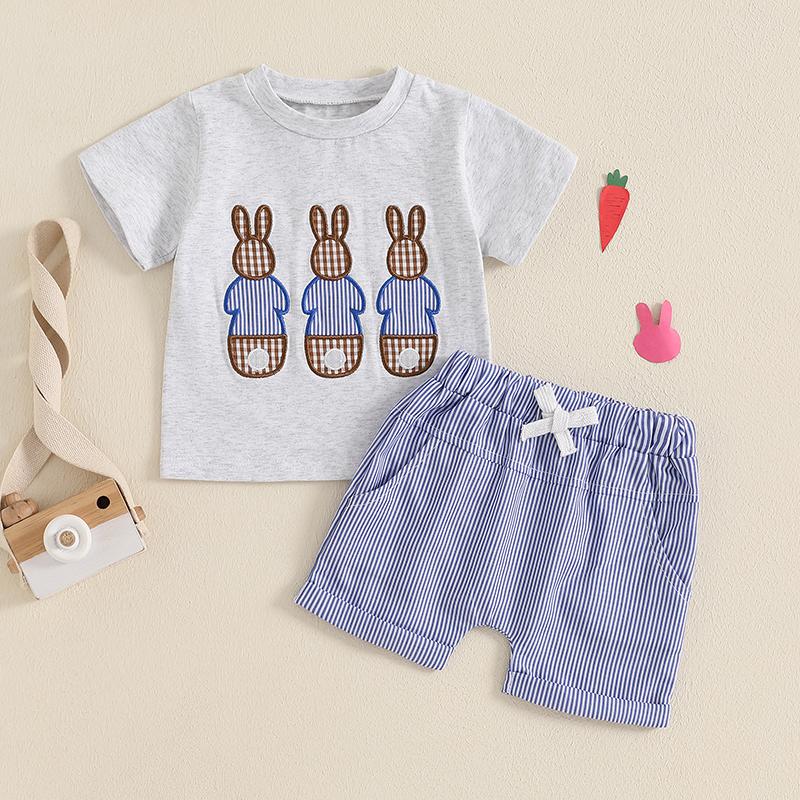 

Baby Boy Easter Outfit Short Sleeve Bunny Embroidery T-Shirt Stripe Elastic Waist Shorts 2 Pcs Summer Boy Clothes Set 3-6M