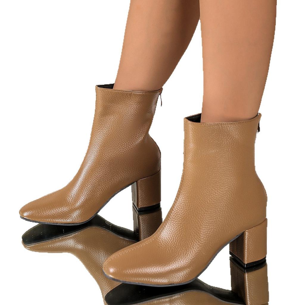 Mode Damen High Heels Stiefeletten 2025 Herbst neu seitlicher Reißverschluss große Größe modische dicke Absätze kleiner quadratischer Kopf