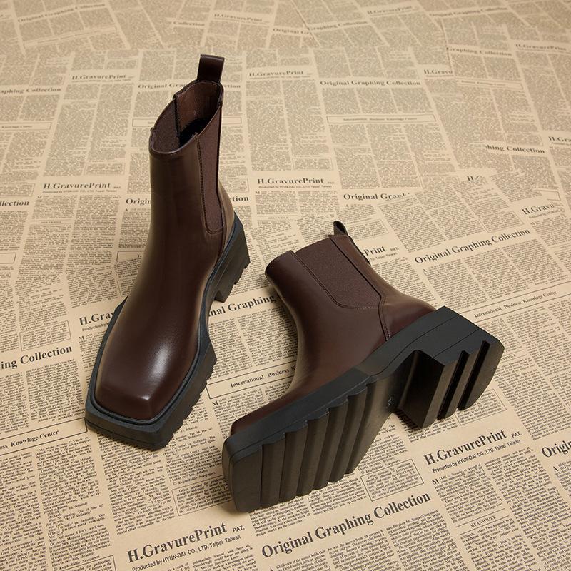 High-end Mid-Calf Boots 6/9cm Heel Height Cow Leather Square Toe Fashion Slip On Thick Sole Block Heel Ladies Shoes Ankle Boots
