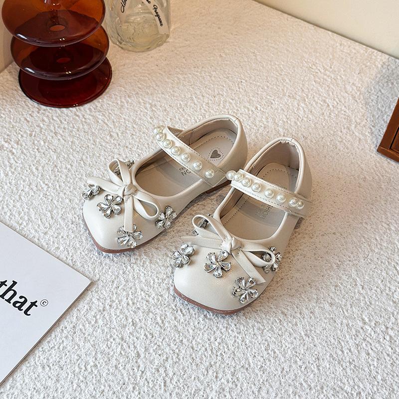 

Children s small leather shoes 2025 spring and autumn new Korean version of rhinestone bow princess shoes girls soft-soled leather shoes 23