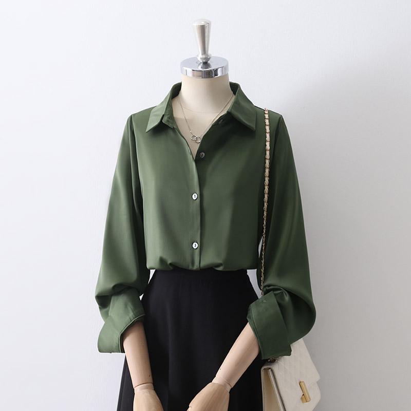 Women's Retro Hong Kong Style Satin Lapel Shirt - Spring/Autumn 2025, Professional Commute Chic, Long Sleeve Top