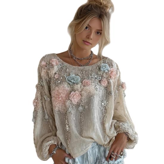 Women Tops Round Neck Long Sleeve Loose Fit Tee Shirt 3D Flower Printing Faux Pearls Decor Pullover Tops Casual Office Wear