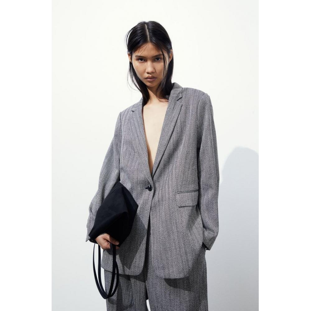 

H M single breasted jacket grey herringbone pattern