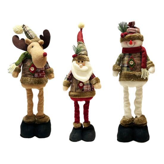 Christmas Plush Doll Plaid Standing Santa Snowman Reindeer Plush Figure with Retractable Legs for Xmas Holiday Party Fireplace Table Decor