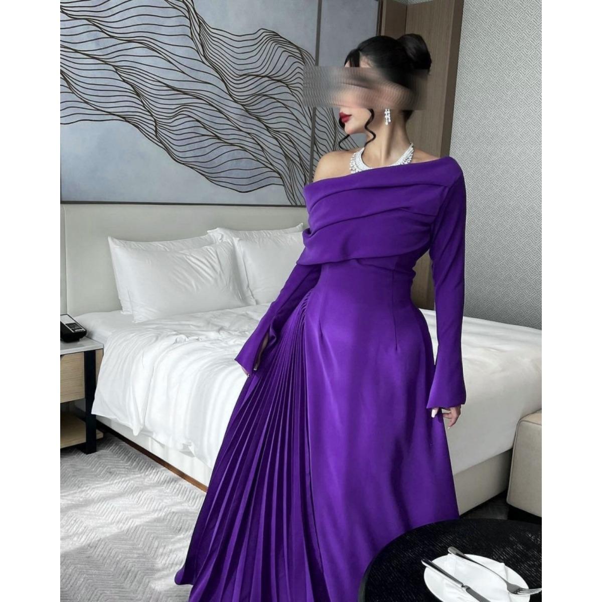 Fall Winter Women Off Shoulder Ruched Sexy Evening Dress for Crossborder Party S фиолетовый