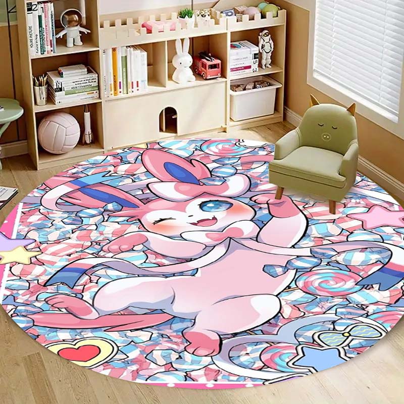 Kawaii Sylveon Theme Round Area Rug Pink Fairy Pattern Circular Rug Kids Girls Bedroom Gamer Room Decor