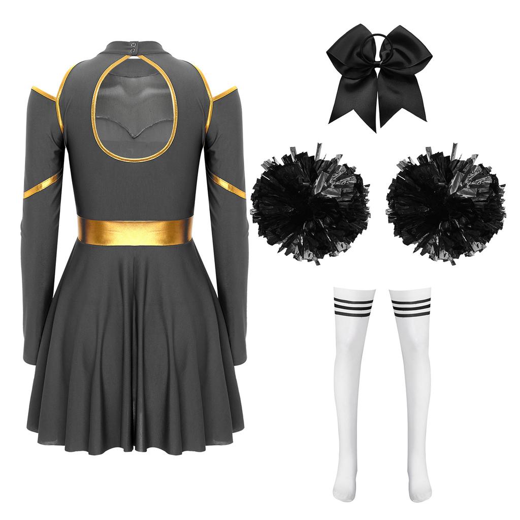 Complete Cheerleading Halloween & Performance Outfit for Women S-XXL: Cutout Dress with Accessories (Bow, Socks, Flowers)