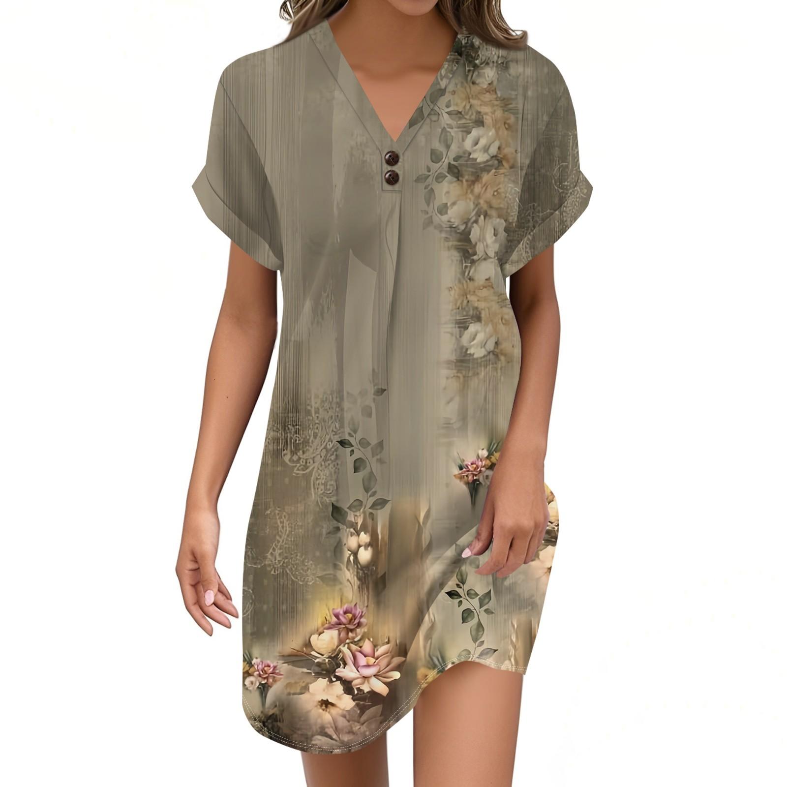 Women s V-neck Vintage Floral Print Pullover Casual Button Dress XL