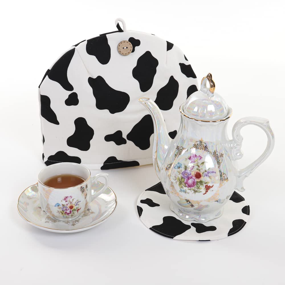 Stylish Tea Cozy Teapot Cover with Holstein Cow White Animal Design, Crafted by Kawashima Sachiko and Akiko, Made in Japan, 100% Cotton