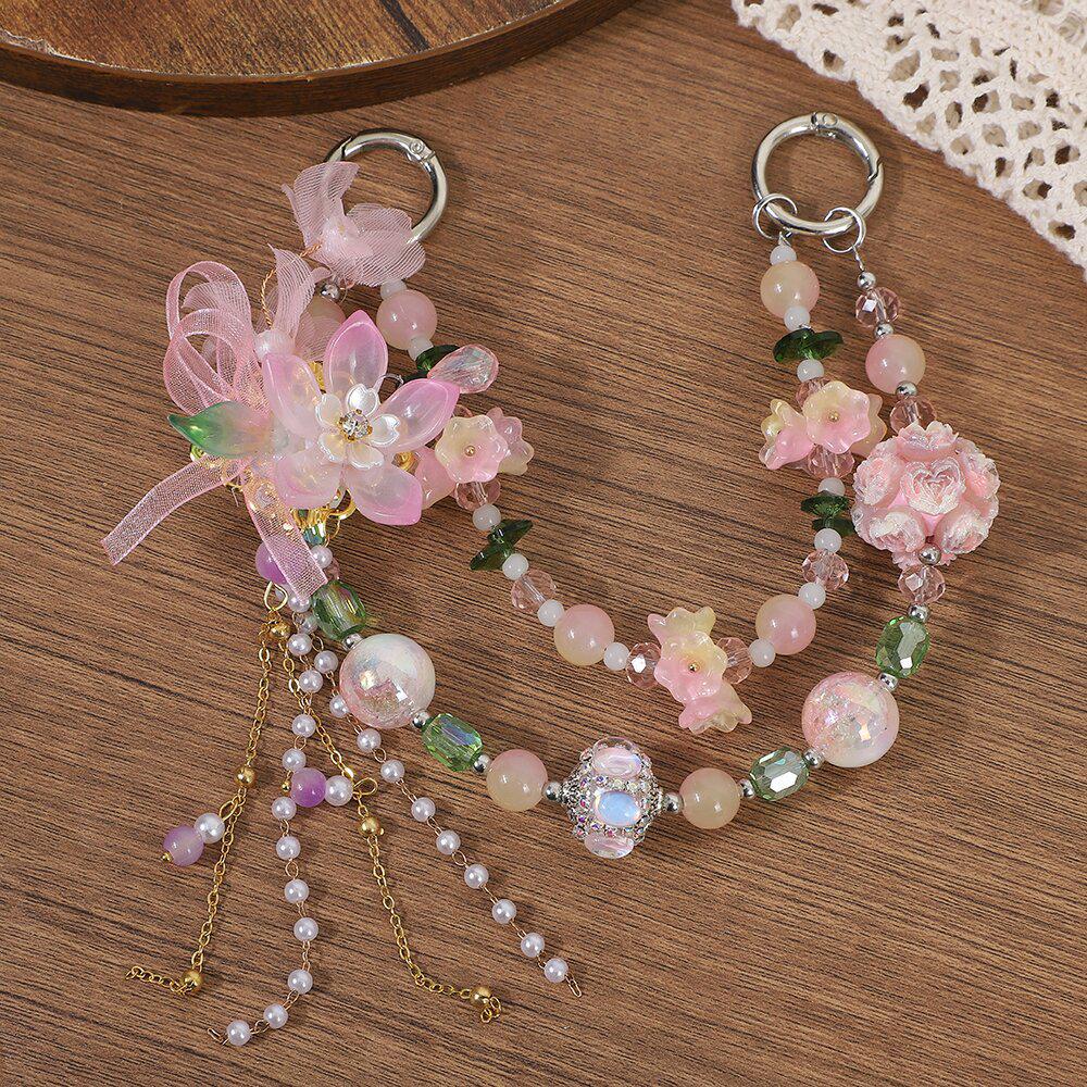 Glass Lotus Phone Chain: Chinese Style Butterfly Beaded Lanyard & Anti-Lost Wrist Strap Keychain Bag Accessory.