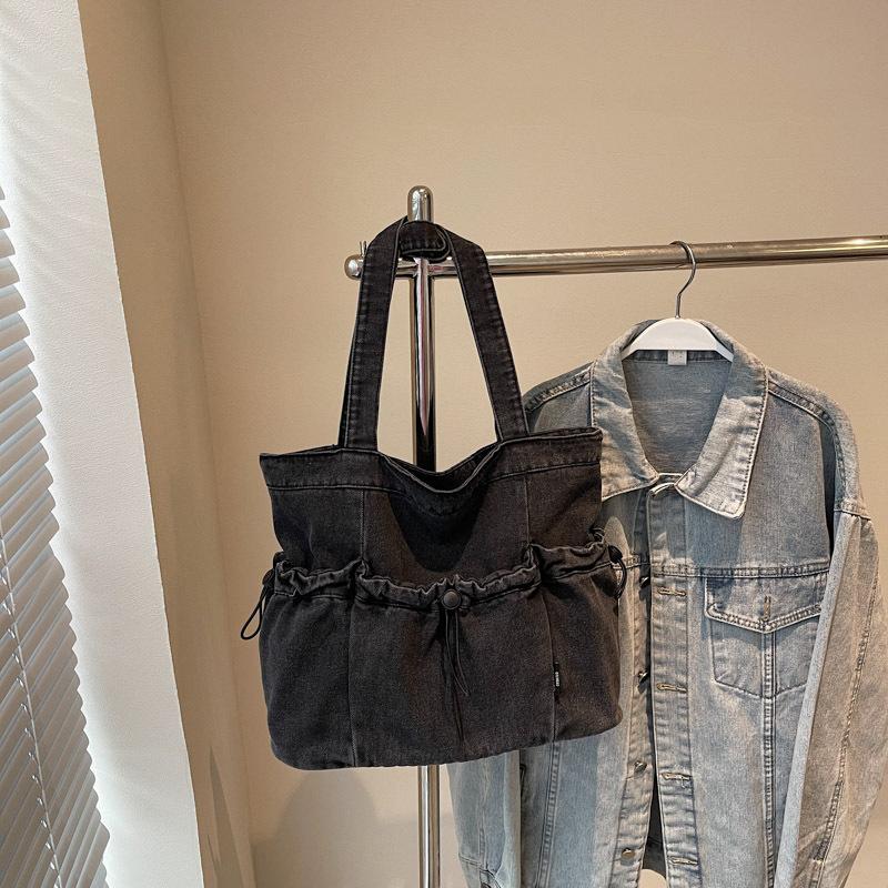 Korean version of simple large-capacity denim bag women's casual solid color literary shoulder bag college student class tote bag