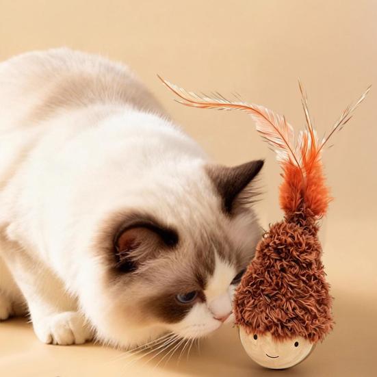 Wobbling Cat Toy Wooden Base Cat Teaser with Feathers Interactive Wobble Cat Kicker Toy for Cat Patting Solo Entertainment