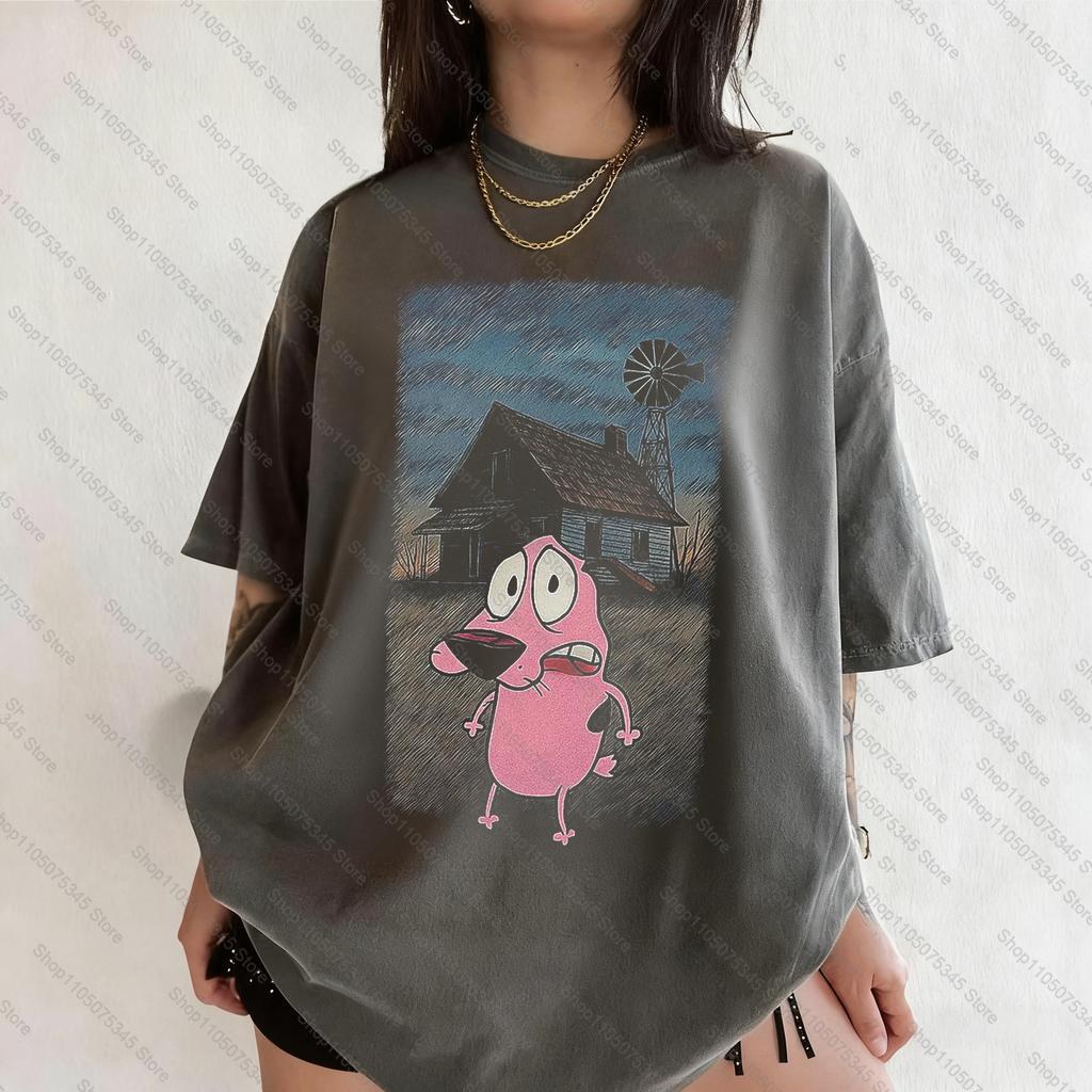 Summer Vintage Courage The Cowardly Dog Cartoon Print Short Sleeve TShirt Retro Graphic Tee 90s Nostalgia Streetwear Clothing