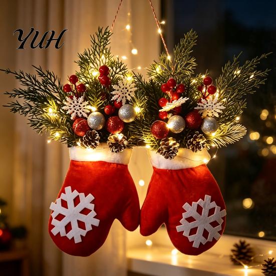 Xmas Door Hanger Christmas Mitten Hanger, Red White Glove Ornament with Pine Cone Berries, Seasonal Fabric Decorations Holiday Wall Decor for