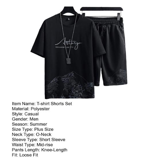 2Pcs/Set O-Neck Short Sleeve Elastic Waistband Drawstring Pockets Casual Outfit Mountain Print Loose T-shirt Loose Shorts Sport Suit Streetwear