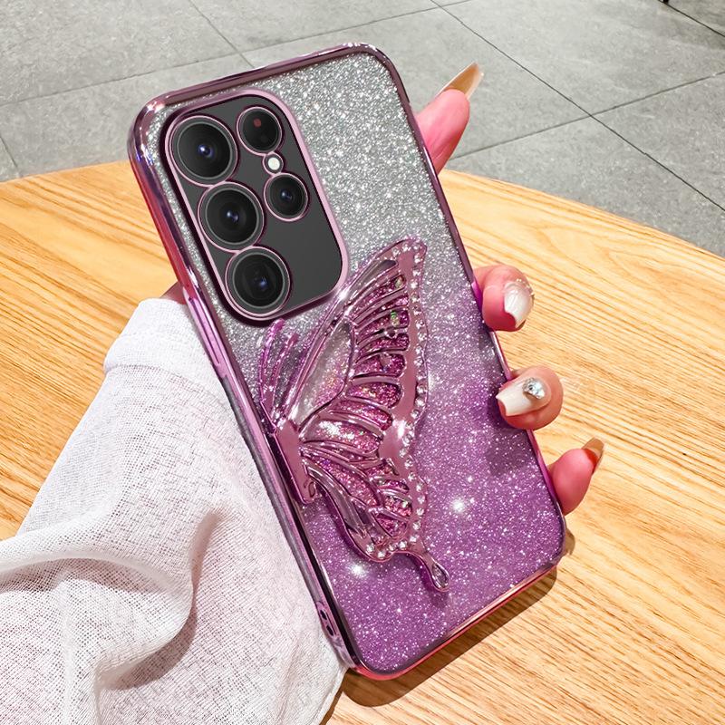 Applicable to Samsung S25ULTRA mobile phone case A05 electroplating glitter NOTE20 diamond-encrusted quicksand butterfly bracket A53 set