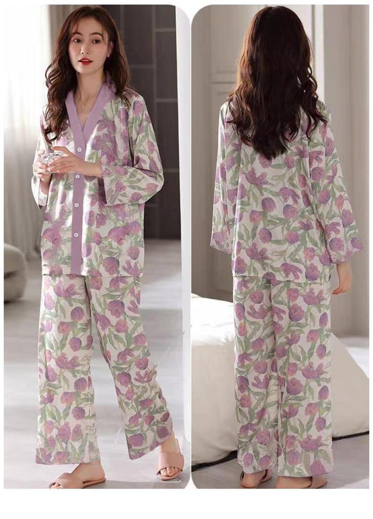 2026 Women's Milk Silk Pajamas Set: V-Neck Cardigan, Long Sleeve, Long Pants, Thin Polka Dot Print for Spring and Autumn