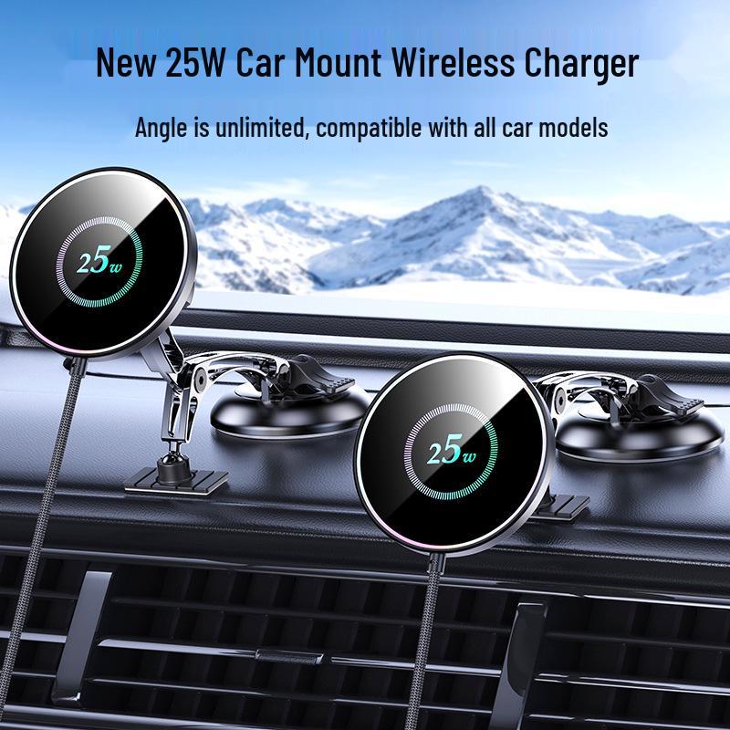 25W Magnetic Car Phone Holder with Wireless Charging and Suction Cup Mount