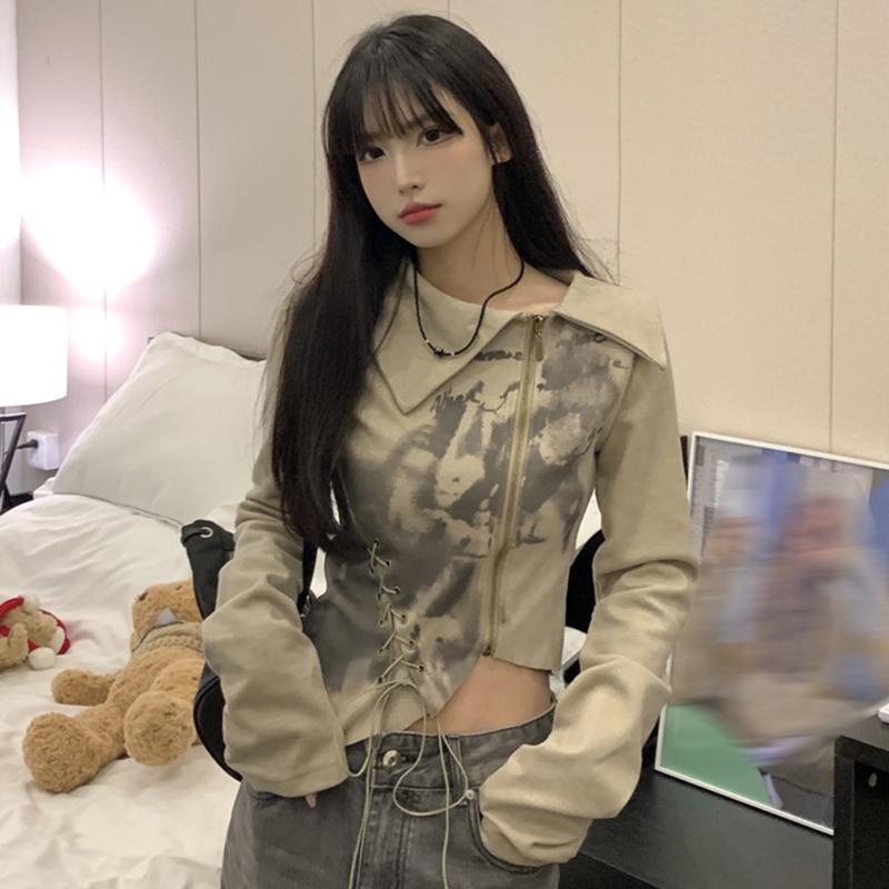 Girls Y2K Tees Zipper Bandage Printed T-shirts For Women Sexy Fashion Tops Long Sleeve Club Bar Wear For Lady