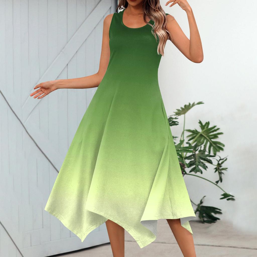 Women's Casual Fashion Round Neck Sleeveless Print Irregular Hem Midi Dress