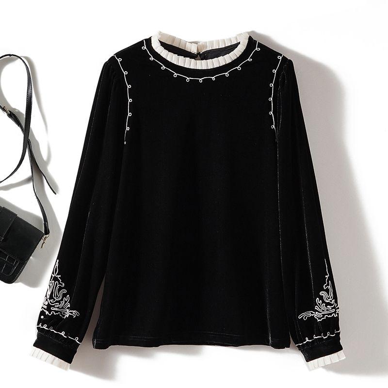 

Feel like a Penny at a Glance! Top-Notch Girls Stand-up Collar Long-Sleeved Flannel Embroidered T-shirt Fall and Winter Bottoming Quality Shirt Black L