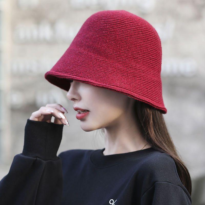 Light plate knitted bucket hat female Korea Dongdaemun casual bucket hat tide autumn and winter solid color hat knitted hat