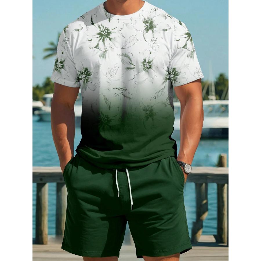 2025 Summer New Men's Short Sleeve Palm Tree Print Two Piece Drawstring Shorts Set Fashion Men's Vacation Beach Casual Suit