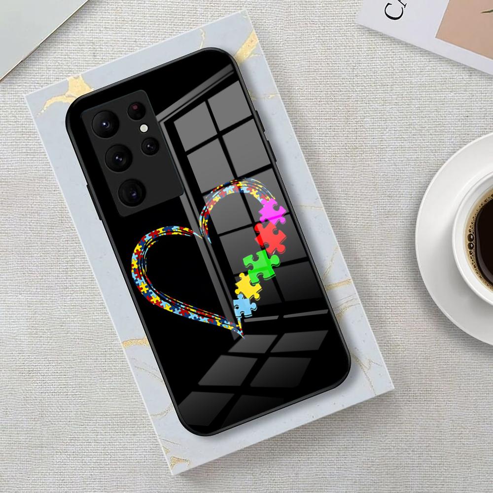 Autism Support Puzzle Phone Case For Samsung S26 S25 Edge Ultra 23 22 21 20 Ultra Plus S24 Fe Glass Cover