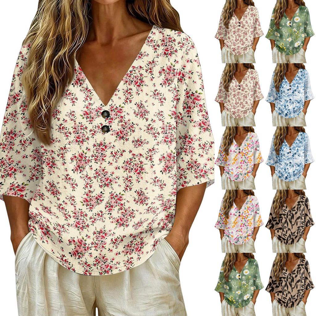 Women V Neck Vintage Floral Print Loose Fit Short Sleeve T Shirt Lightweight Breathable Soft Fabric Casual Top