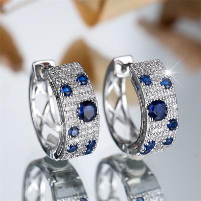 Cute Female White Blue Zircon Stone Round Hoop Earrings  Silver Color Wedding Jewelry For Women