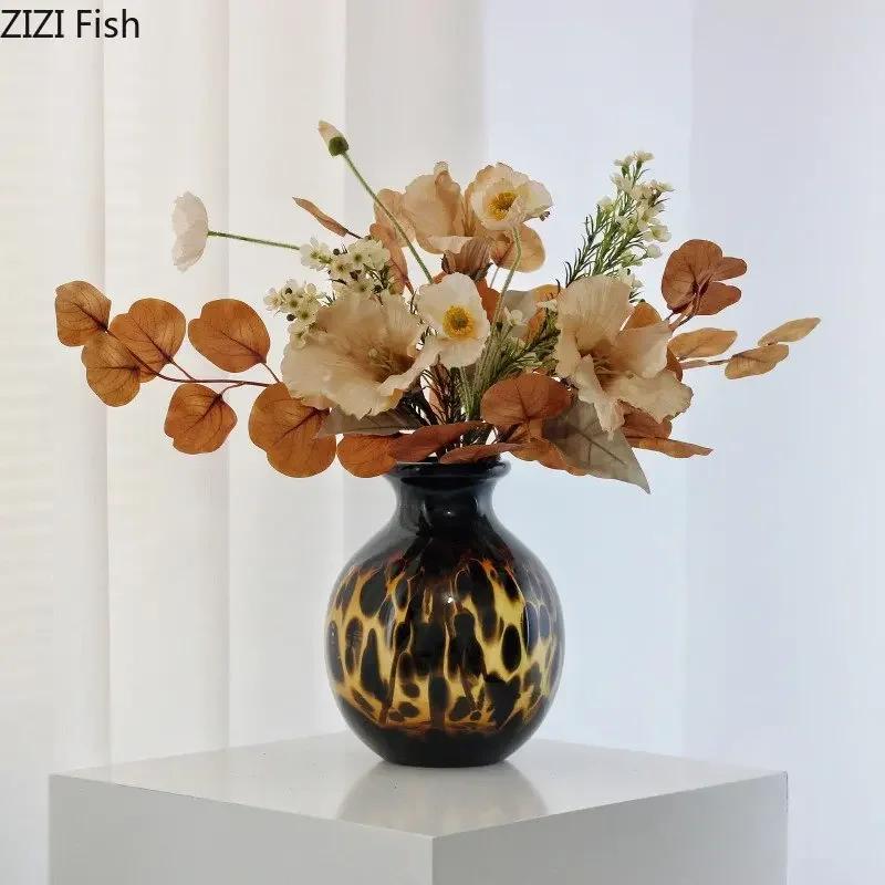 Amber Glass Vase Hydroponic Flower Pots Desk Decoration Artificial Flower Decorative Floral Arrangement Modern Home Decor Vases