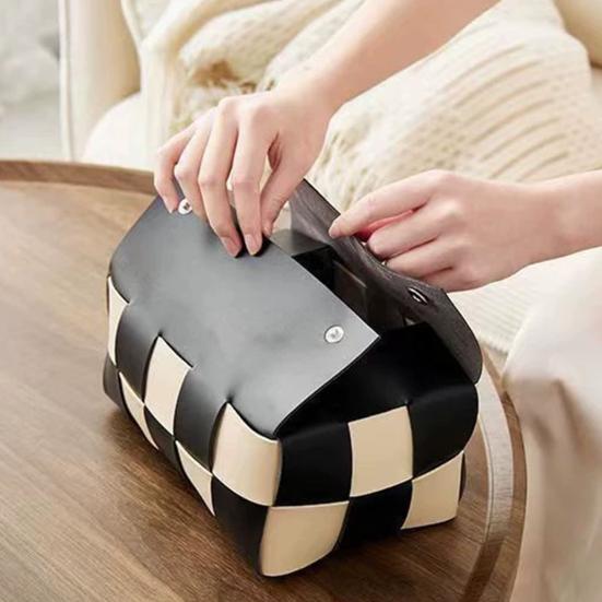 Checkered Tissue Box, with Flip-Open Top, PU Leather Tissue Holder, Stain-Proof Facial Tissue Dispenser, for Bathroom Car Bedroom