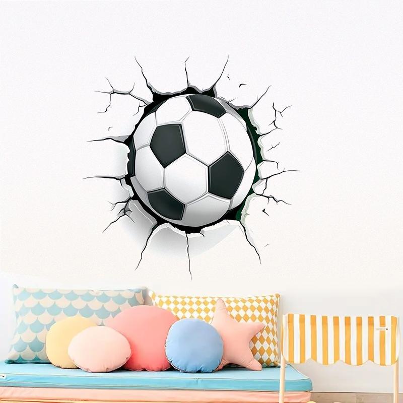 3D Breaking Through Wall Crack Soccer Football PVC Wall Sticker Self-Adhesive Removable for Kids Room Living Room Bedroom Sports Home Decor Art