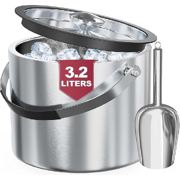 3.2L Double Wall Stainless Steel Ice Bucket with Lid,Scoop, Updated Insulated Ice Bucket for Cocktail Bar and Parties 3.2L