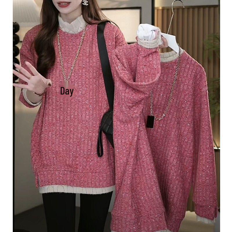 

Women s Plus Size Patchwork Lace Collar Long-Sleeve Mid-Length T-Shirt, Designer Style, Warm Base Layer for Autumn/Winter, Buttocks-Covering Top XXX-Large
