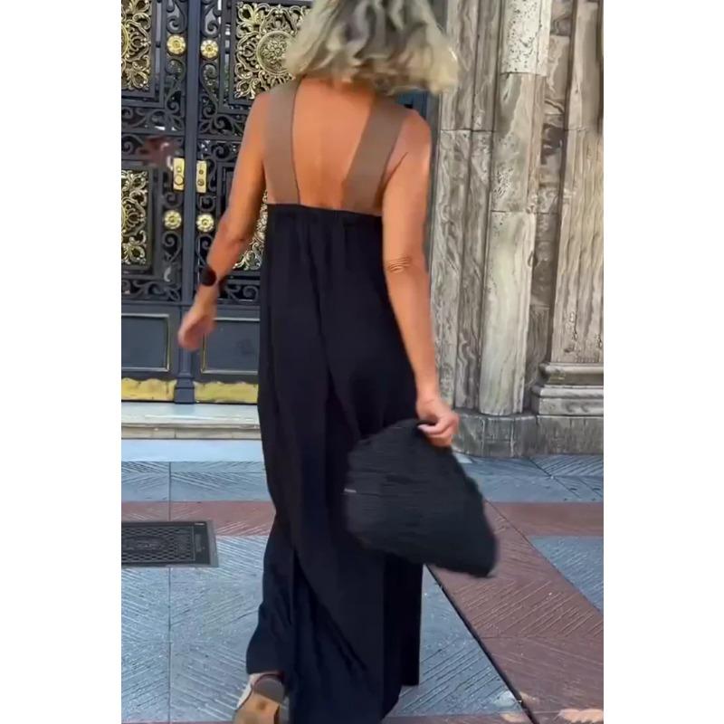 Summer Sleeveless Loose Casual Long Dress New Big Size Women A-line Cross Party Patchwork Dress Sweet Streetwear Sexy Clothing