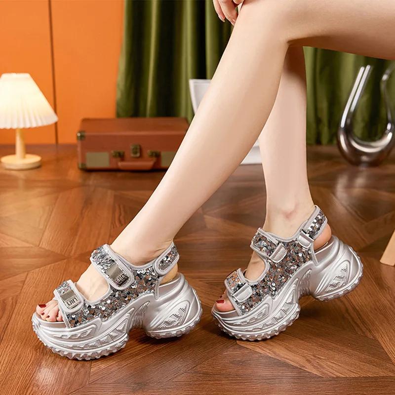 8CM Women Beach Shoes Outdoor Thick Soled Platform Ladies Sandals Summer Crystal Decoration Rome Style Sandal