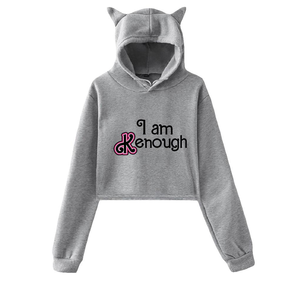 NEW Women's Long Sleeve Crop Top Hoodie Barbie I Am Kenough Printed Hoody with Cute Cat Ear