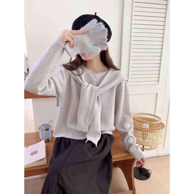 

Ранняя осень новая шаль с круглым вырезом вязаный кардиган комплект из двух предметов однотонный свободный универсальный свитер пуловер женщина One size