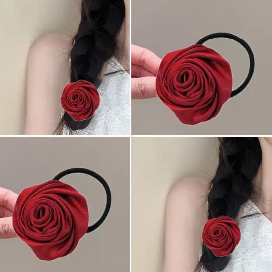 Hair Tie French Style Glossy Satin Rose Flower Decor Handcrafted 3D Petal Design Hair Rope Soft Smooth Fabric Hair Accessory