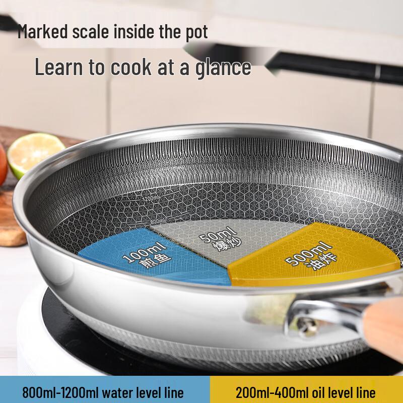 ZISIZ 30cm 316 Stainless Steel Non-Stick Wok