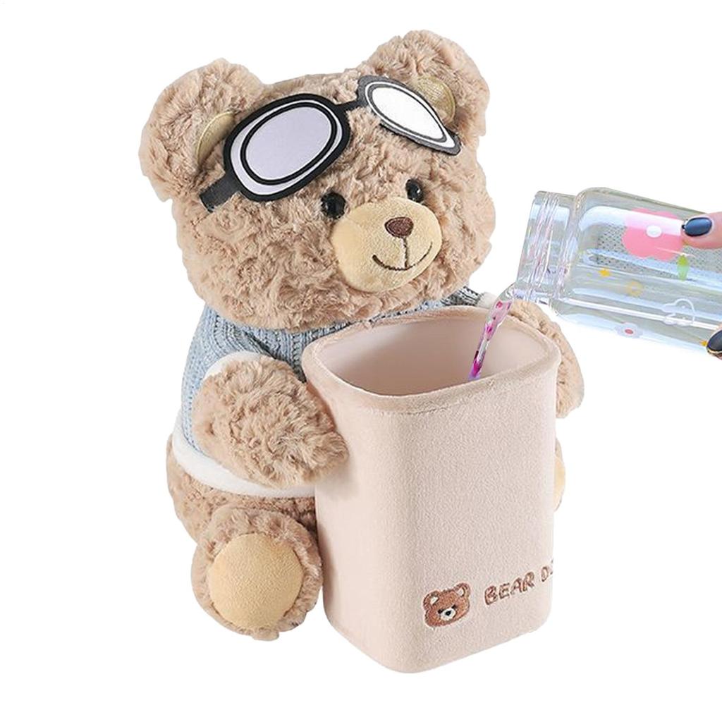 Cartoon Bear Tissue Holder and Trash Can Soft Plush Car Tissue Box Umbrella Storage Bucket for Vehicle Home Travel