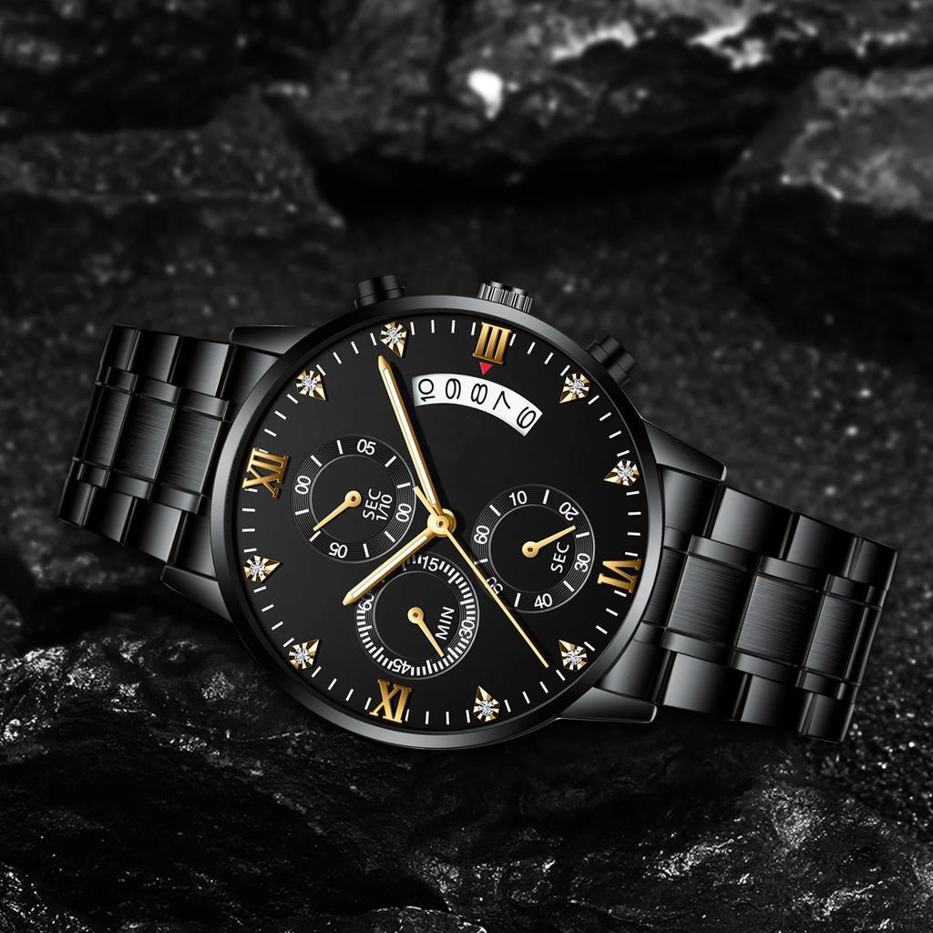 Multifunktionale Herren Quarz Uhr Business Strass Edelstahl Kalender Zeitmessung Armbanduhr