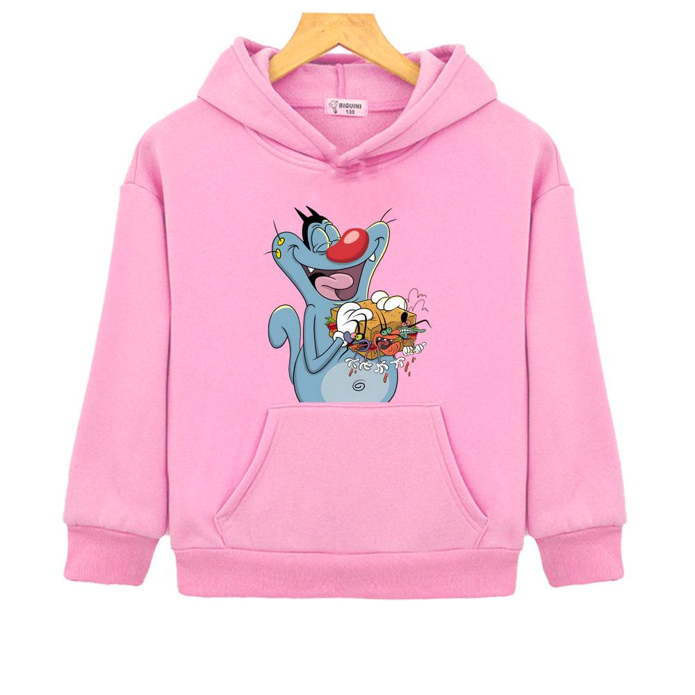 Oggy and The Cockroaches Anime Hoodies Graphic Comic Sweatshirts Kawaii Cartoon Christmas Clothes Fleece Streetwear High Quality 130 розовый