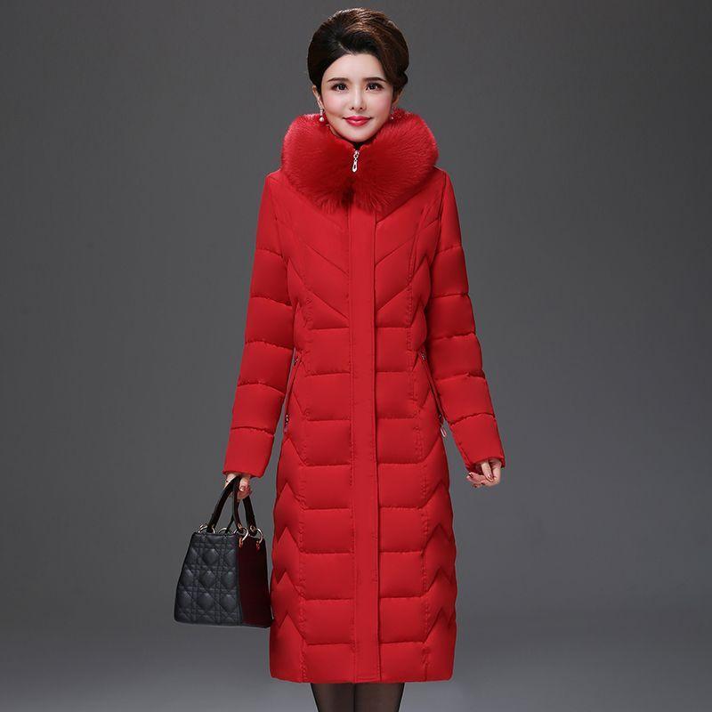 Vinter medellång dunjacka över knäet, plusstorlek, förtjockad kappa för medelålders och äldre mödrar