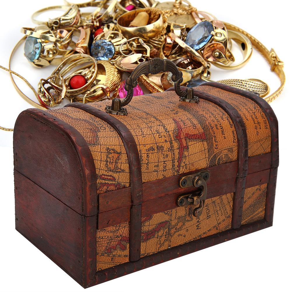 Vintage Schowek na biżuterię Drewniana dekoracja Odporna na kurz Pudełko ekspozycyjne Organizer Case(Żółty Mapa S)