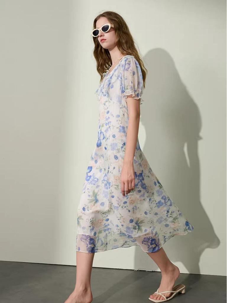 2026 Summer French Floral Mid-Length Blue Skirt - Romantic & Fashionable