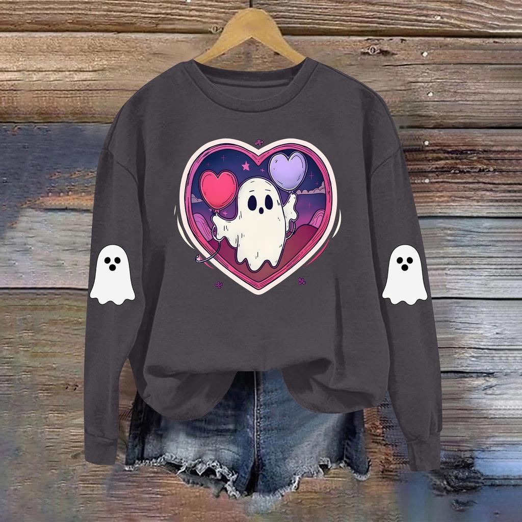 Dame Moteable Casual Langermet Halloween Trykket Rundhals Topp