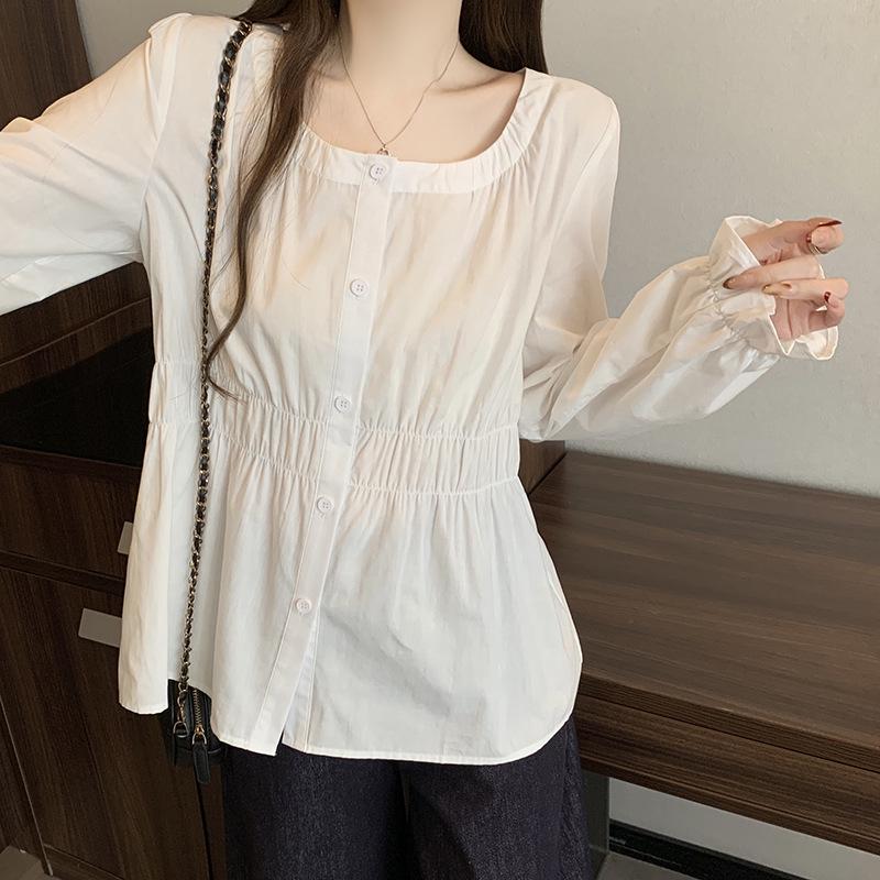 2026 Spring Plus Size Women s Sweet Casual U-Neck Waist-Cinched Slimming Long-Sleeve Shirt Top L